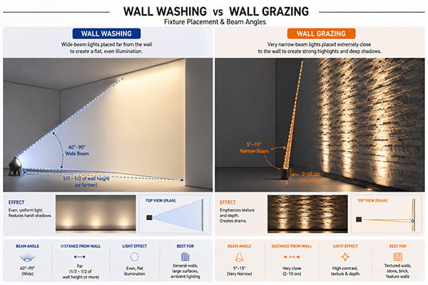 A diagram showing fixture placement and beam angles for wall washing and wall grazing